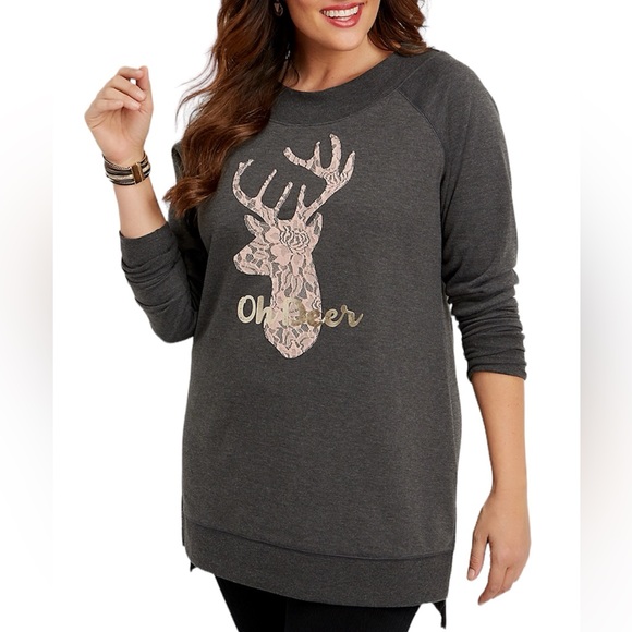 Maurice's Oh Deer Long Gray Sweatshirt Size Large - Picture 1 of 8